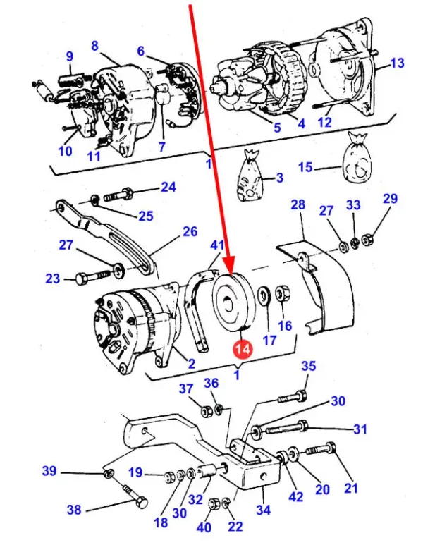 Oryginalne koło pasowe alternatora o numerze katalogowym 3596448M1, stosowane w ciągnikach rolniczych marki Massey Ferguson schemat.