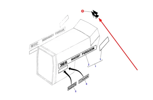 Naklejka Massey Ferguson  o numerze katalogowym 3599442M1, stosowana w ciagnikach rolniczych marki Massey Ferguson. schemat