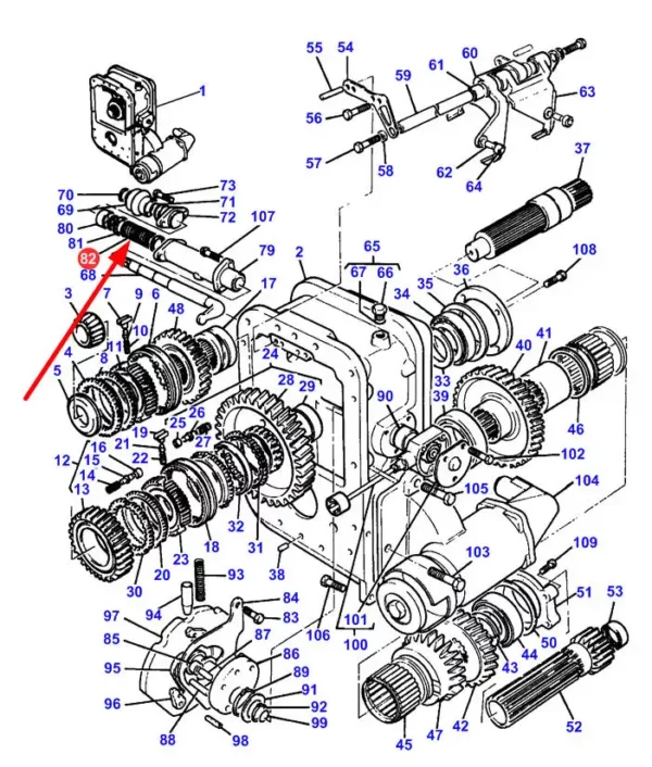 Oryginalna sprężyna wałka napędowego zmiany biegów o numerze katalogowym 3613788M1, stosowany w ciągnikach rolniczych marek Challenger oraz Massey Ferguson schemat.