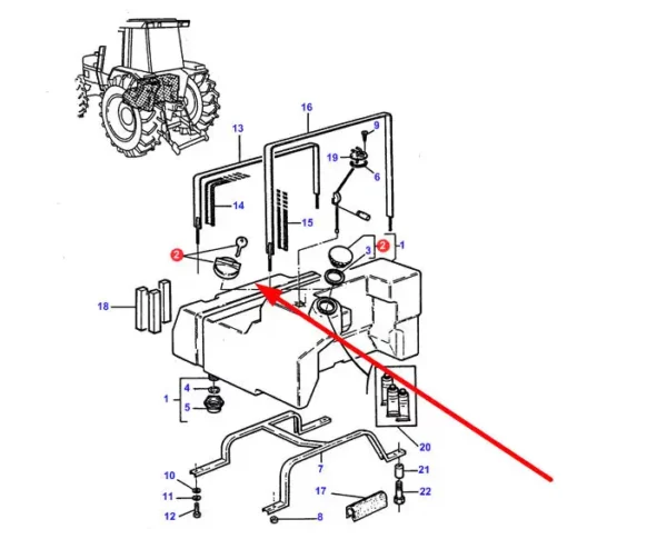 Oryginalny korek zbiornika paliwa o numerze katalogowym 361654M1, stosowany w ciągnikach rolniczych marki Massey Ferguson schemat