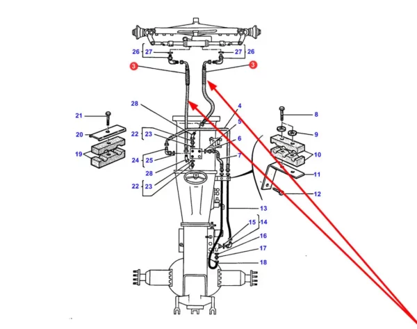 Oryginalny przewód hydrauliczny układu kierowniczego o numerze katalogowym 3617897M91, stosowany w ciągnikach rolniczych marki Massey Ferguson schemat.