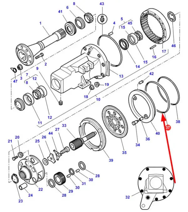 Oryginalny pierścień oring zwolnicy tylnej osi o wymiarach 356,5 x 3,63 mm i numerze katalogowym 3617902M3, stosowany w ciągnikach marek Challengero raz Massey Ferguson schemat.