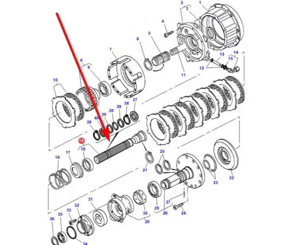 Oryginalny wał mokrego sprzęgła o numerze katalogowym 3619239M2, stosowany w ciągnikach rolniczych marki Massey Ferguson schemat