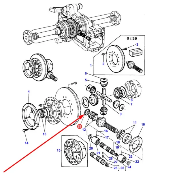 Oryginalna zaślepka wałka atakującego mechanizmu różnicowego o numerze katalogowym 3619552M1, stosowana w ciągnikach rolniczych marki Massey Ferguson schemat.