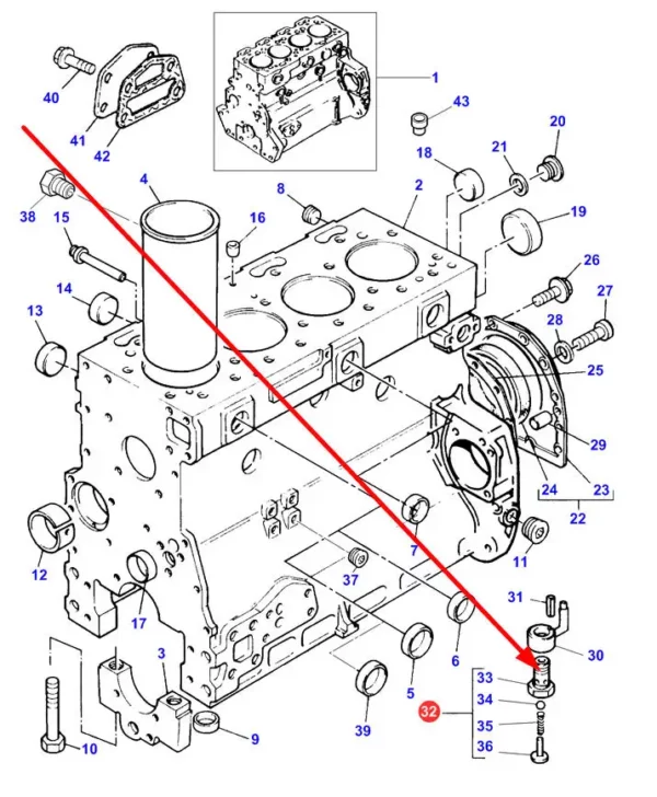 Oryginalna śruba przelotowa o numerze katalogowym 3637005M91, stosowana w maszynach i pojazdach rolniczych marki Massey Ferguson schemat