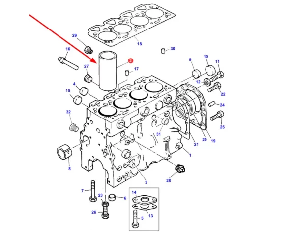 Oryginalna tuleja cylindrowa o numerze katalogowym 3637334M1, stosowana w ciągnikach rolniczych marki Massey Ferguson schemat