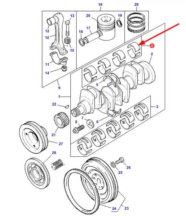 Oryginalne panewki korbowodowe o grubości 0,50 mm, stosowane w ciągnikach rolniczych marki Massey Ferguson. schemat