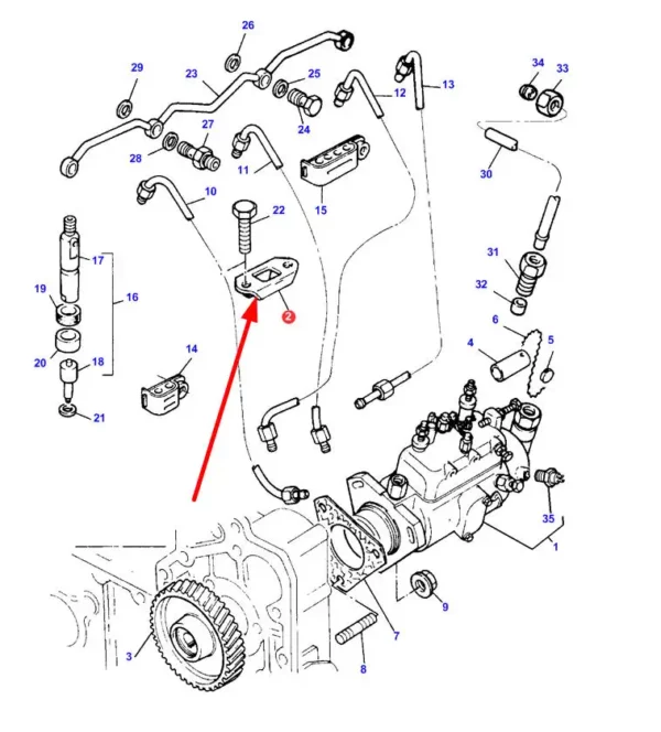 Oryginalne mocowanie układu wtrysku paliwa, stosowane w maszynach rolniczych marki  Massey Ferguson schemat.