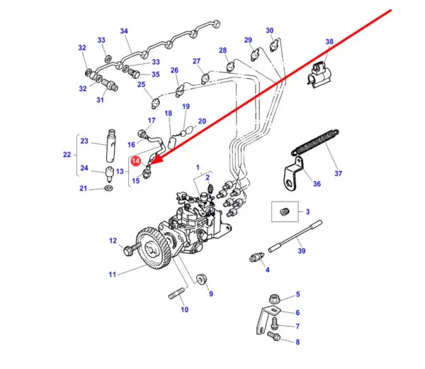 Oryginalna wkładka przewodu paliwa o numerze katalogowym 3638445M1, stosowana w maszynach i pojazdach rolniczych marek Chellenger oraz Massey Ferguson schemat