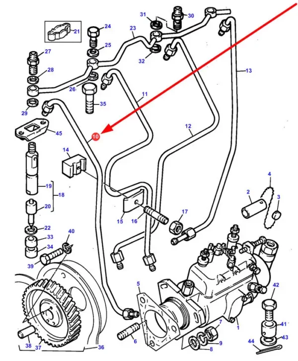 Oryginalny przewód paliwowy pierwszego wtryskiwacza o numerze katalogowym 3638554M1, stosowany w ciągnikach rolniczych marki Massey Ferguson schemat.