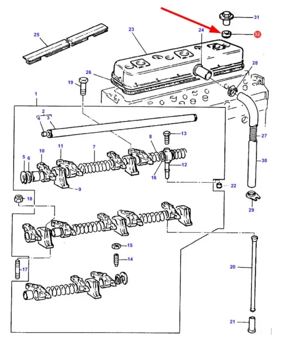 Oryginalna uszczelka gumowa śruby pokrywy zaworowej, stosowana w maszynach rolniczych marki Massey Ferguson. schemat