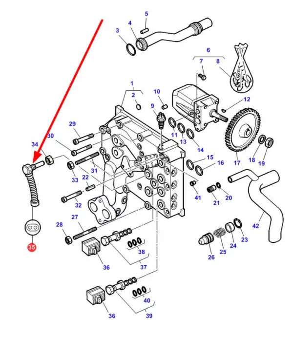 Oryginalny czujnik obciążenia pompy hydraulicznej o numerze katalogowym 3712058M1N, stosowany w ciągnikach rolniczych marki Massey Ferguson oraz Challenger schemat.