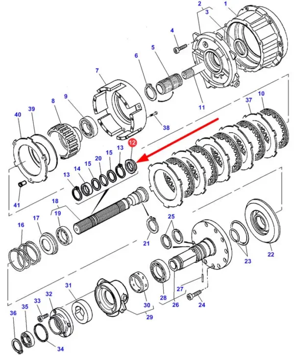 Oryginalna podkładka zębata wałka przekładni Dynashift o numerze katalogowym 3712719M1, stosowana w ciągnikach rolniczych marki Massey Ferguson schemat.