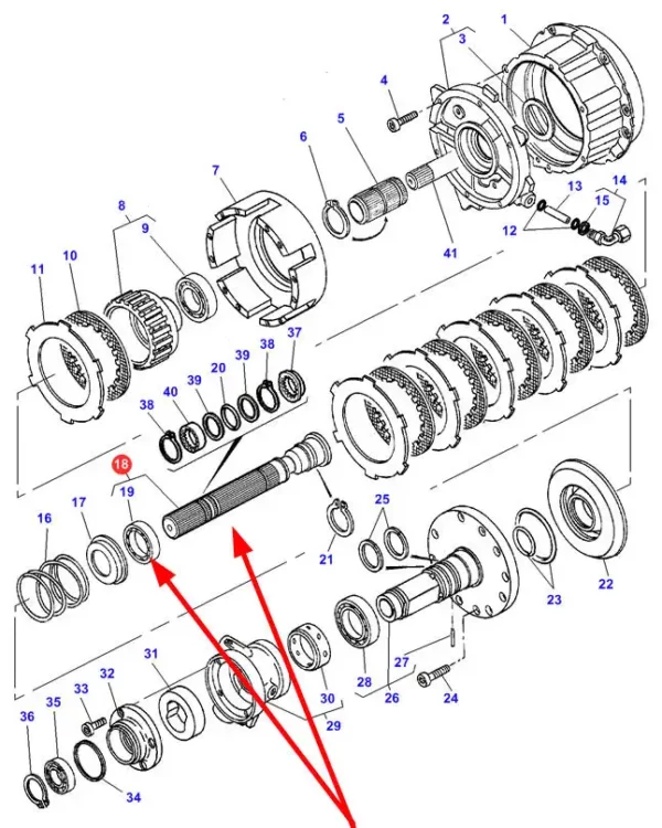 Oryginalny wał mokrego sprzęgła z łożyskiem o numerze katalogowym 3712816M14, stosowany w ciągnikach marki Massey Ferguson schemat