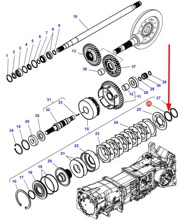 Oryginalny dystans sprzęgła dyferencjału o grubości 1,70 mm, numerze katalogowym 3713554M1, stosowany w ciągnikach marek Challenger, Valtra oraz Massey Ferguson schemat