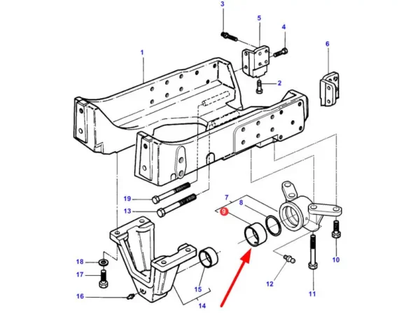 Oryginalna tuleja ślizgowa zawieszenia przedniej osi o wymiarach 95 x 101 x 44 mm i numerze katalogowym 3713930M1, stosowana w ciągnikach rolniczych marki Massey Ferguson schemat