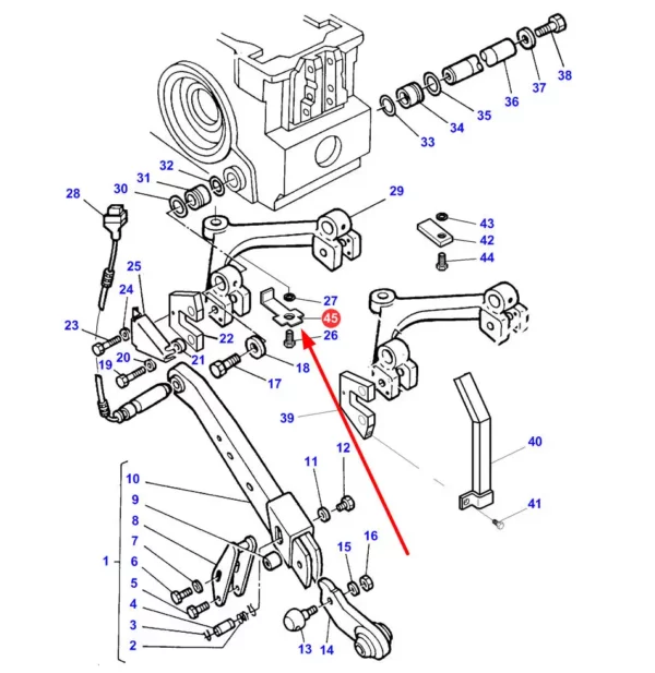 Oryginalny uchwyt metalowy o numerze katalogowym 3714303M1, stosowany w ciągnikach rolniczych marki Massey Ferguson schemat