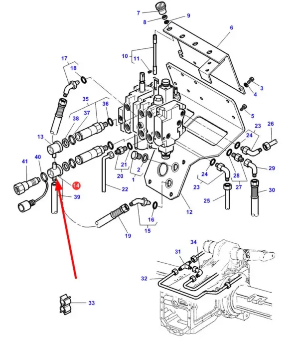 Oryginalne złącze hydrauliczne, stosowane w ciągnikach rolniczych marki Massey Ferguson. schemat