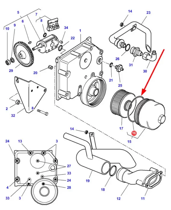 Oryginalny pierścień uszczelniający filtra oleju hydrauliki, stosowany w maszynach marki Massey Ferguson i Challenger. schemat