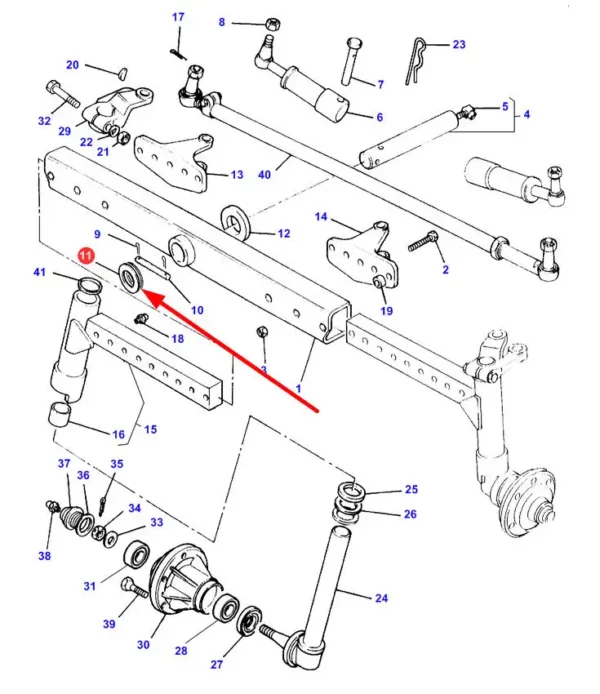 Oryginalna podkładka dystansowa przedniej osi, stosowana w ciągnikach rolniczych marki Massey Ferguson schemat.