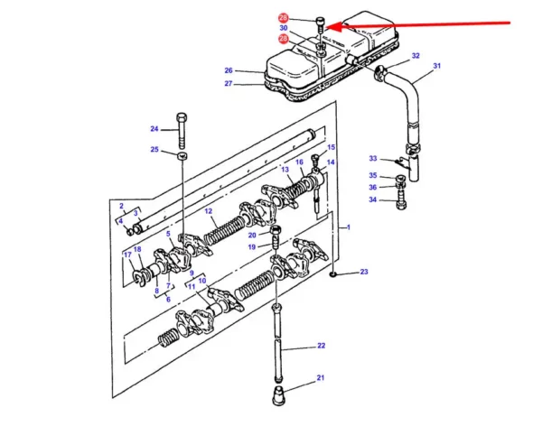 Oryginalna śruba mocowania pokrywy zaworowej o numerze katalogowym 376192X1, stosowana w ciągnikach rolniczych marki Massey Ferguson schemat