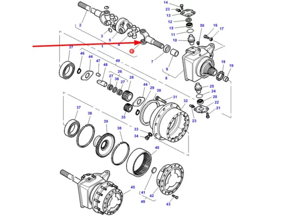 Oryginalna półoś napędowa przedniej osi o numerze katalogowym 3764011M1, stosowana w ciągnikach rolniczych marki Massey Ferguson schemat