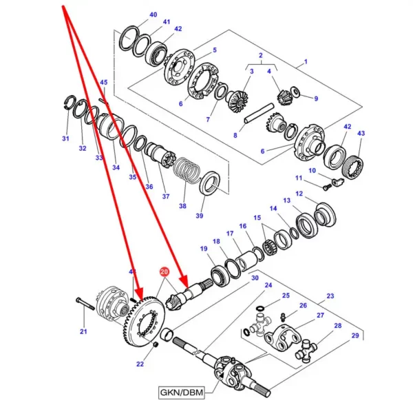 Oryginalny wałek atakujący z kołem talerzowym mechanizmu różnicowego przedniego napędu o numerze katalogowym 3764298M91, stosowany w ciągnikach rolniczych marki Massey Ferguson schemat.