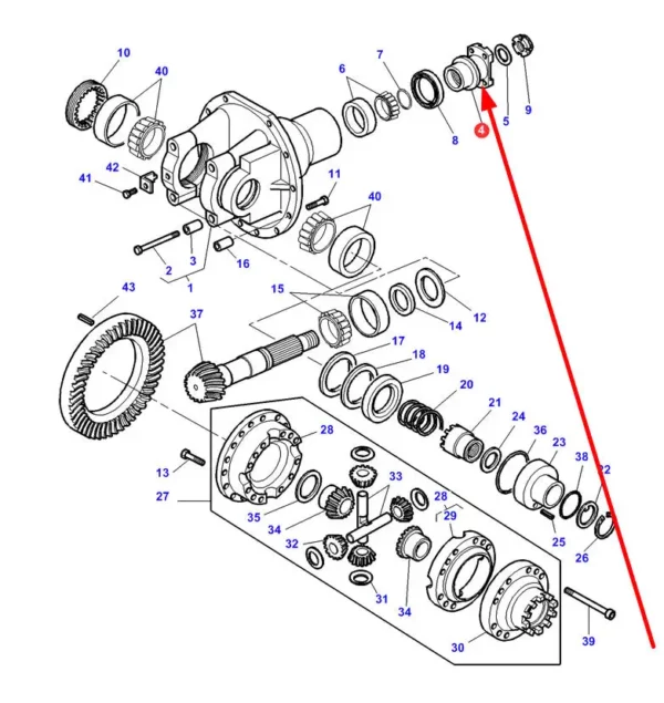 Oryginalna flansza mechanizmu różnicowego osi przedniej o numerze katalogowym 3765017M1, stosowana w ciągnikach rolniczych marki Massey Ferguson schemat.