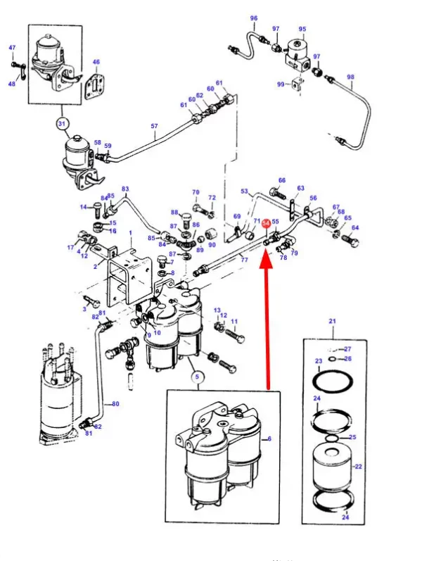 Oryginalna uszczelka przewodu paliwa, stosowana w maszynach Massey Ferguson i Challenger. schemat