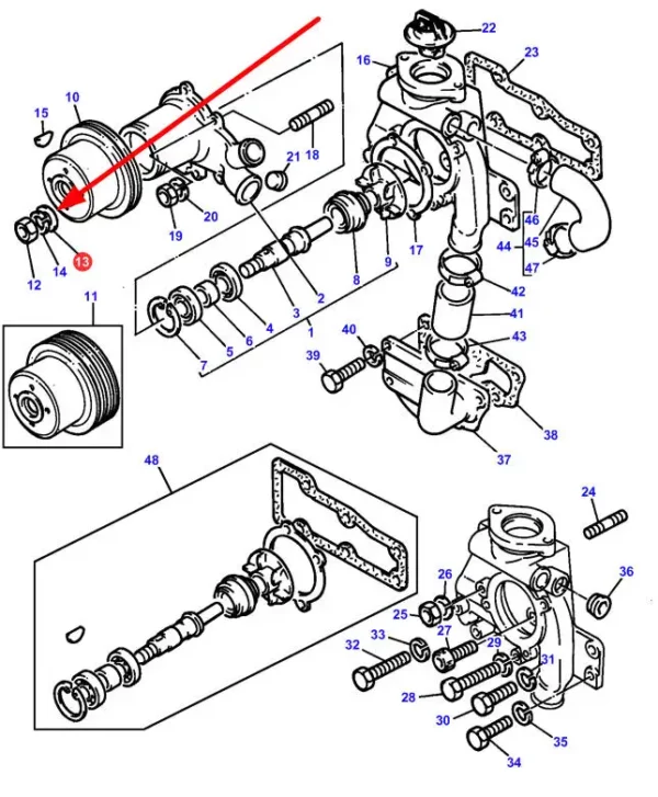 Oryginalna podkładka dystansowa pompy wody o numerze katalogowym 376656X1, stosowana w maszynach i pojazdach rolniczych marki Massey Ferguson schemat.