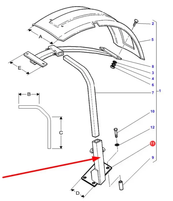 Oryginalne mocowanie błotnika o numerze katalogowym 3773796U1, stosowane w ciągnikach marki Massey Ferguson schemat.