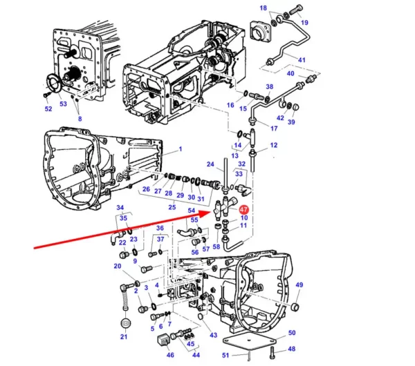 Oryginalne złącze przewodów hydraulicznych skrzyni biegów o numerze katalogowym 3777412M1, stosowane w ciągnikach rolniczych marek Massey Ferguson i Challenger. schemat