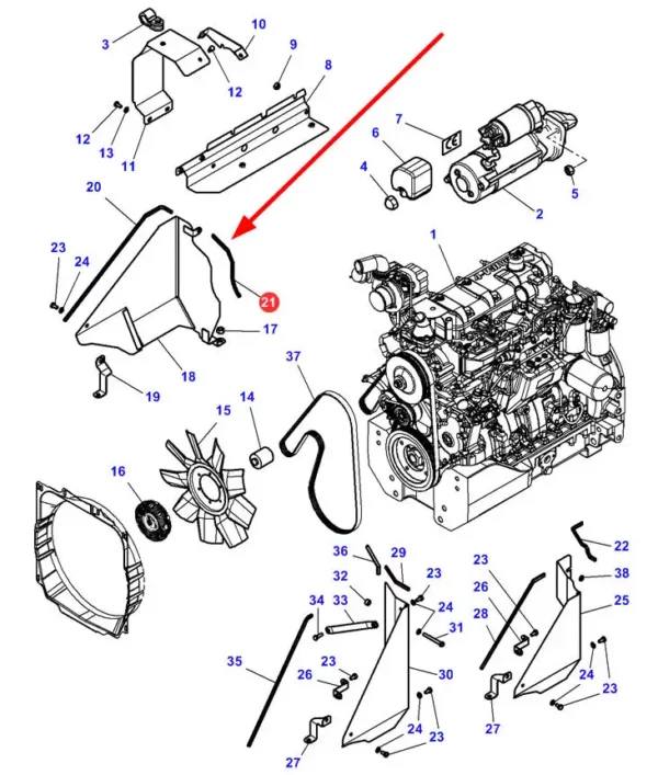 Oryginalna uszczelka osłony elementów silnika o długości 285 mm, stosowana w ciągmikach marki Massey Ferguson schemat.