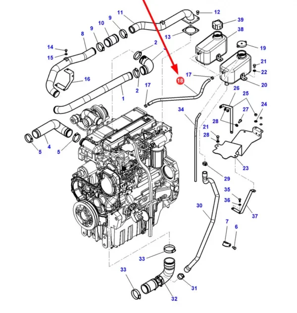 Oryginalny przewód układu chłodzenia o numerze katalogowym 3779603M1, stosowany w ciągnikach rolniczych marek Massey Ferguson i Challenger. schemat
