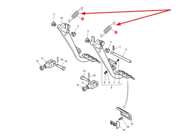 Oryginalna sprężyna pedału hamulca o numerze katalogowym 3781689M1, stosowana w ciagnikach rolniczych marek Massey Ferguson, Valtra i Challenger. schemat