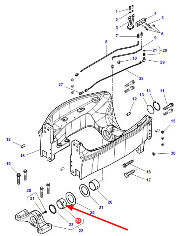 Oryginalna tuleja zawieszenia przedniej osi o wymiarach 70 x 80 x 44 mm, numerze katalogowym 3785204M4, stosowana w ciągnikach marek Challenger oraz Massey Ferguson schemat