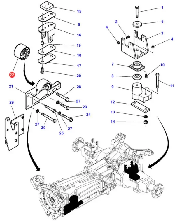 Oryginalny amortyzator metalowo-gumowy zawieszenia kabiny, stosowany  w maszynach marki Massey Ferguson i Challenger. schemat