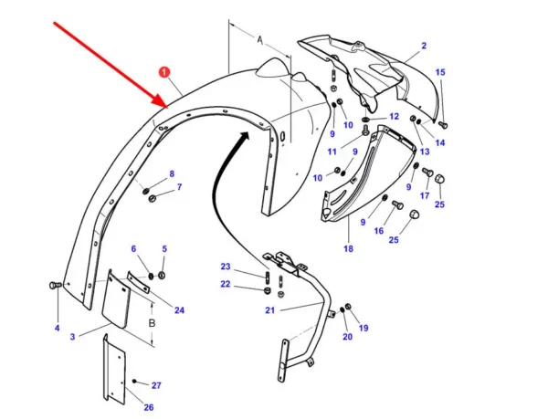 Oryginalny prawy blotnik tylny zagruntowany podkładem o numerze katalogowym 3786908M4, stosowany w ciągnikach rolniczych marek Massey Ferguson i Challenger. schemat