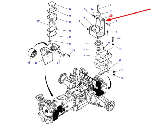 Oryginalny, lewy wspornik mocowania kabiny o numerze katalogowym 3786991M3, stosowany w ciągnikach rolniczych marek Challenger i Massey Ferguson schemat