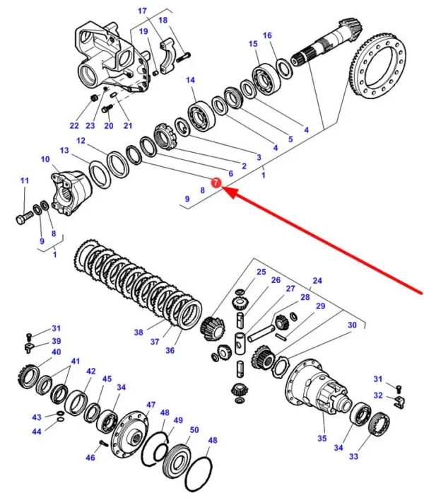 Oryginalny pierścień oring wału atakującego mechanizmu różnicowego przedniej osi o numerze katalogowym 3789586M1, stosowany w ciągnikach rolniczych marki Massey Ferguson schemat.