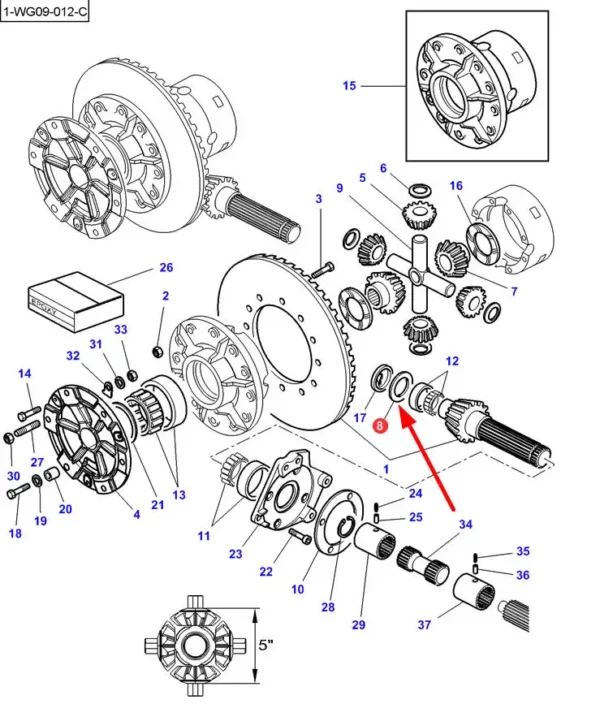 Oryginalna podkładka o grubości 0,55 mm, stosowana w  ciągnikach rolniczych Challenger oraz Massey Ferguson. schemat