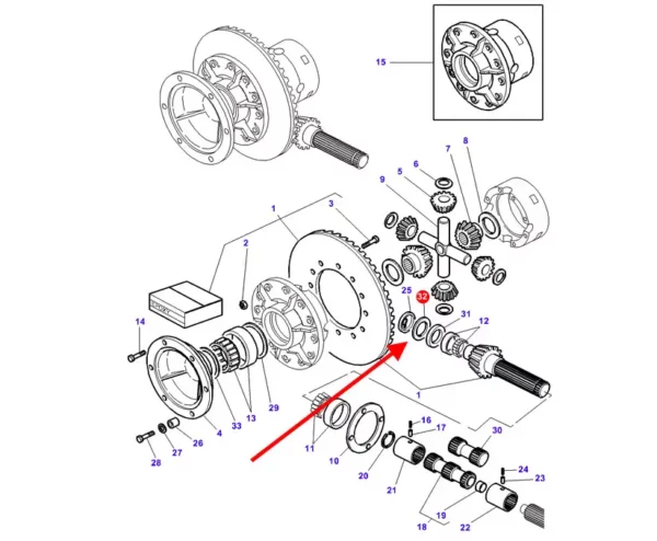 Oryginalna podkładka dystansowa przedniej osi o grubości 0,30 mm, stosowana w ciągnikach rolniczych marek Massey Ferguson oraz Challenger. schemat