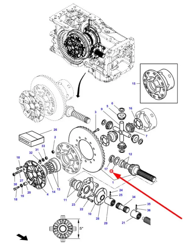 Oryginalna podkładka dystansowa wałka atakującego mechanizmu różnicowego o grubości 0,45 mm i numerze katalogowym 3791281M2, stosowana w ciągnikach rolniczych marek Massey Ferguson, Challenger schemat.