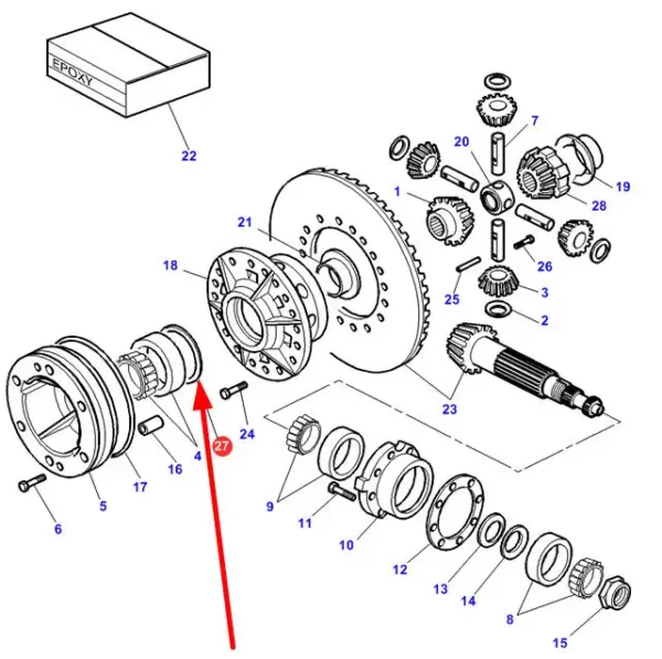 Oryginalna podkładka dystansowa mechanizmu różnicowego o grubości 0,05 mm i numerze katalogowym 3791616M1, stosowana w ciągnikach marki Massey Ferguson schemat.