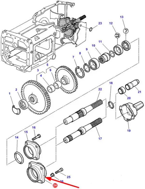 Oryginalna obudowa napędu przedniego WOM o numerze katalogowym 3792318M2, stosowana w ciągnikach rolniczych marki Massey Ferguson schemat.