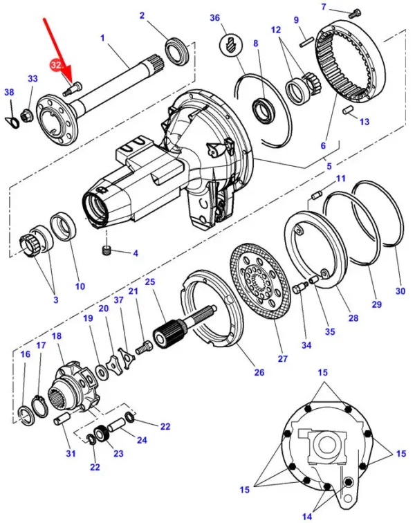 Oryginalna śruba tylnej osi o wymiarach M18 x 1,5 x 105 - 76, numerze katalogowym 3794694M2, stosowana w ciągnikach rolniczych marki Massey Ferguson schemat.