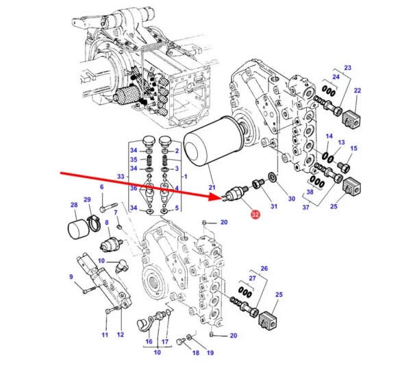 Oryginalny czujnik ciśnienia oleju 17 bar o numerze katalogowym 3795628M12, stosowany w ciągnikach rolniczych marki Massey Ferguson. schemat