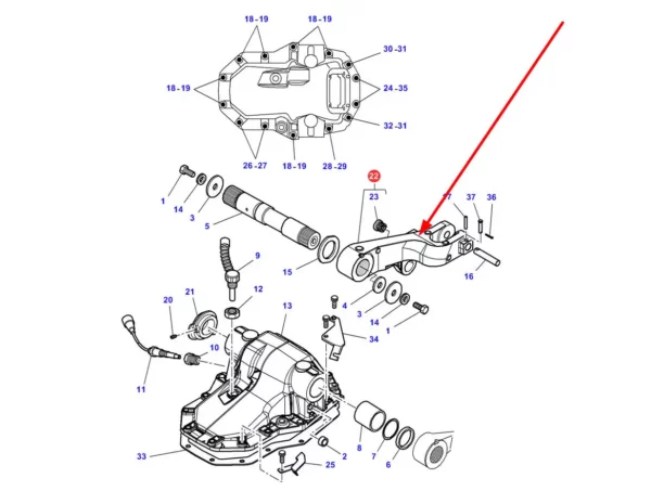 Oryginalne prawe ramię tylnego TUZ o numerze katalogowym 3796039M4, stosowane w ciągnikach rolniczych marek Massey Ferguson i Challenger. schemat