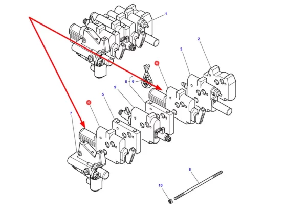 Oryginalny rozdzielacz hydrauliczny o numerze katalogowym 3797234M6, stosowany w ciągnikach rolniczych marki Massey Ferguson i Challenger. schemat