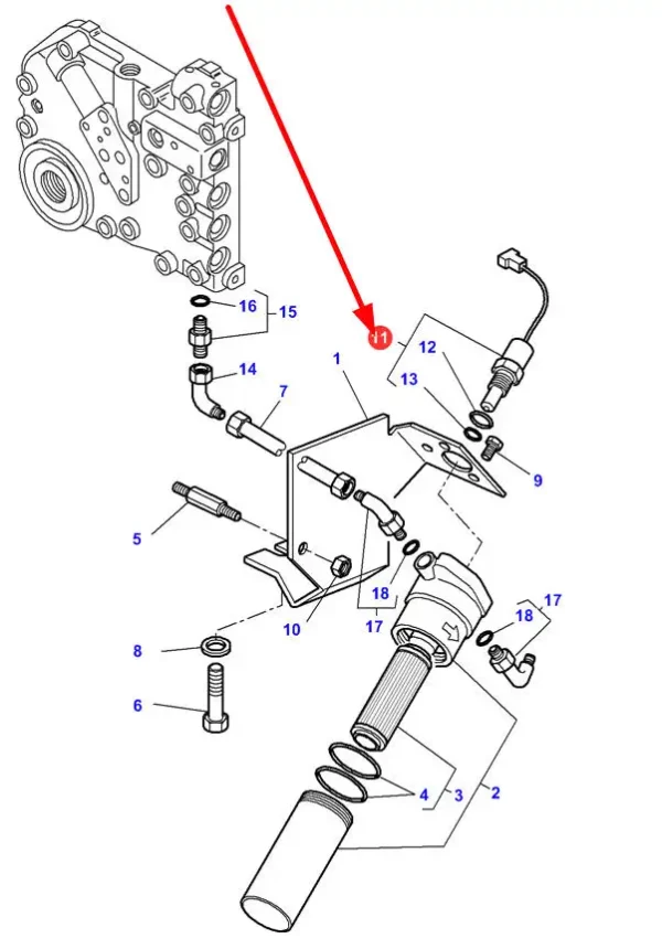 Oryginalny czujnik zapchania filtra oleju hydraulicznego o numerze katalogowym 3798633M3, stosowany w ciągnikach rolniczych marki Massey Ferguson, Challenger schemat.